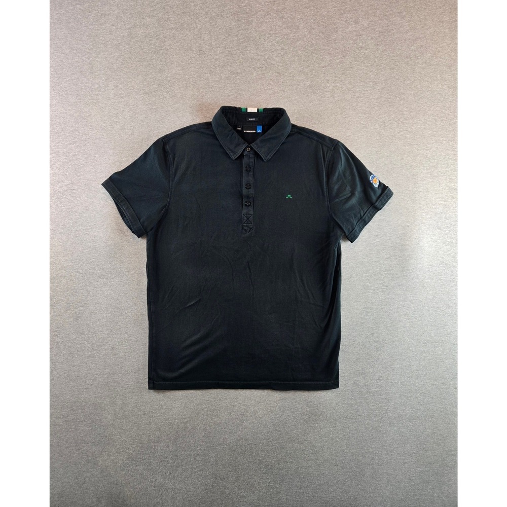 J.Lindeberg Polo Shirt Mens Large Black Slim Fit Prisco Lux Bridge Jersey Stripe
